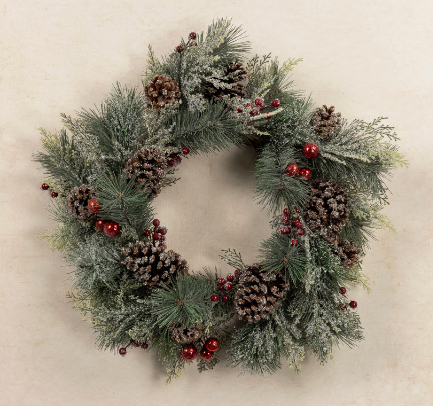 24in Frosted Pine, Berries & Pinecones Wreath