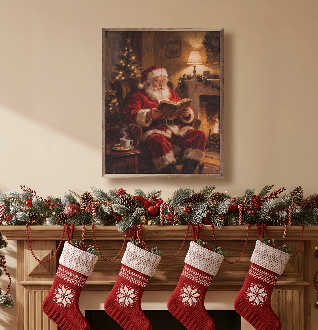 Santa Claus By the Fireplace | Framed Artwork