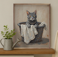 Gray Cat in Laundry Basket | Framed Artwork