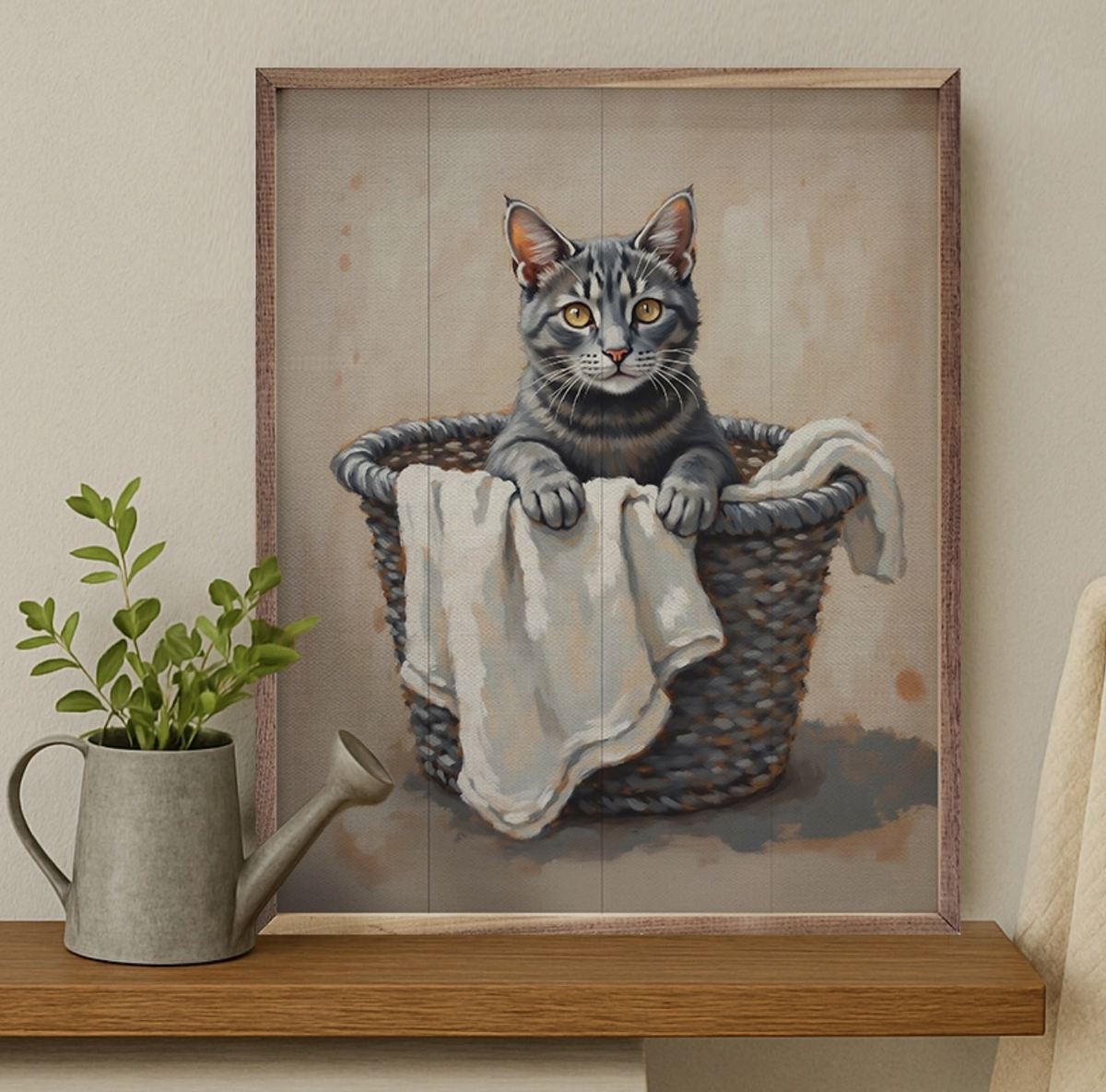 Gray Cat in Laundry Basket | Framed Artwork