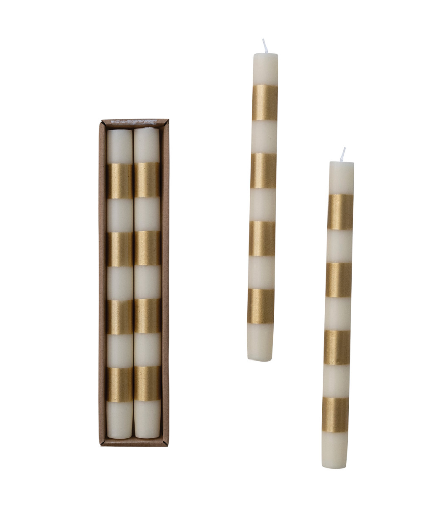 10in Gold & White Stripe Taper Candle