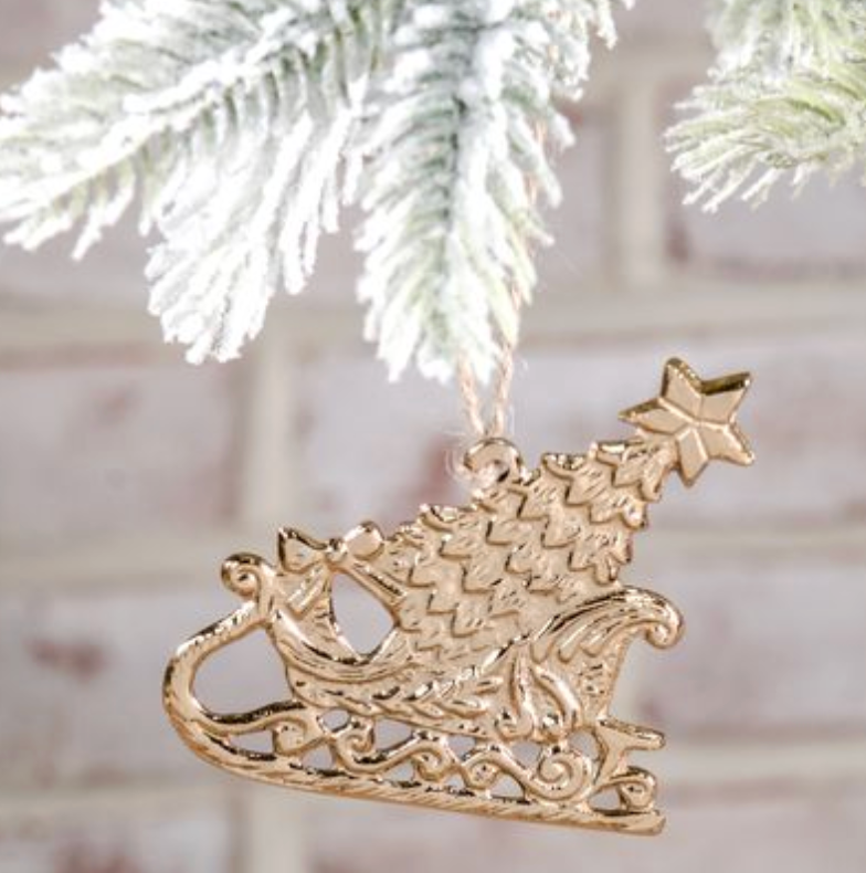 3.5" Gold Christmas Tree Sleigh Ornament | Vintage Christmas Decor