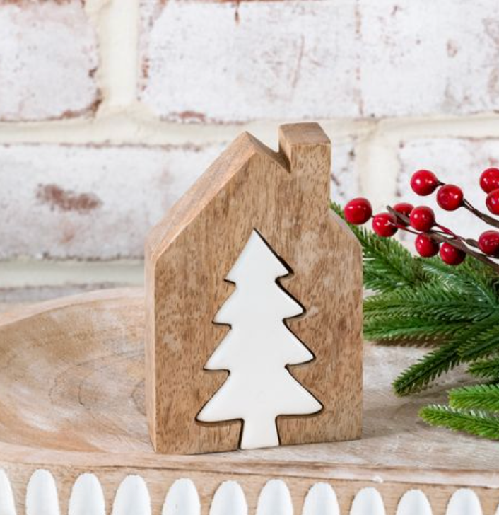 Rustic Wooden House with Removable White Christmas Tree