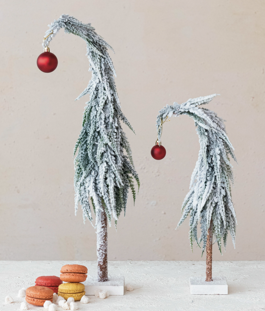 Snowy Whimsical Christmas Trees with Red Ornaments - 2 Sizes