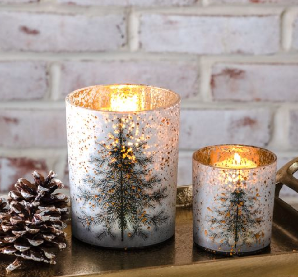 Mercury Glass Evergreen Tree Candle Holders | Woodland Christmas Decor