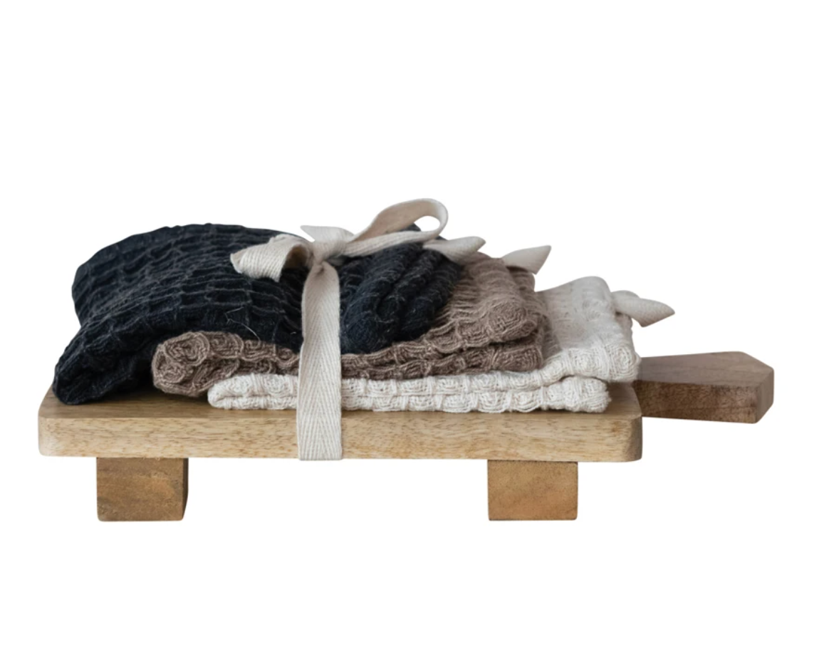 Mango Wood Serving Board with 3 Waffle Weave Dish Cloths – 4 Piece Gift Set