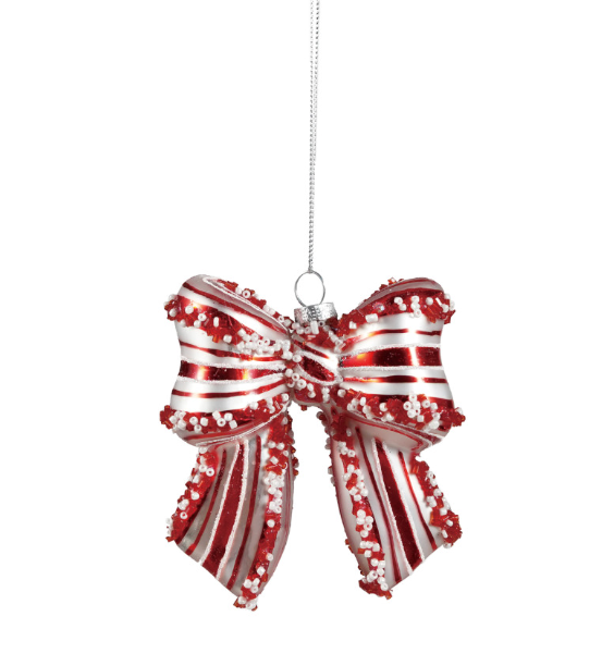 4in Red & White Bow Ornament | Painted Glass
