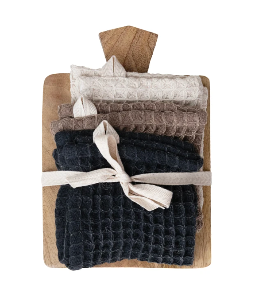 Mango Wood Serving Board with 3 Waffle Weave Dish Cloths – 4 Piece Gift Set